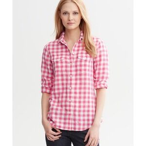 Banana Republic Soft Wash Gingham Shirt Womens XS Pink Linen Blend Check Preppy
